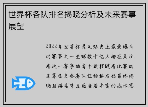 世界杯各队排名揭晓分析及未来赛事展望